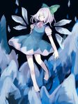  bad_id bad_pixiv_id bare_legs barefoot blue_skirt bow cirno closed_eyes detached_wings fairy hair_bow ice ice_wings shirt short_hair short_sleeves skirt solo touhou white_hair white_shirt wings yxyx_ika 