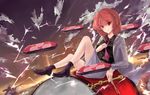  boots cloud drum drum_set drumsticks electricity horikawa_raiko instrument jacket mitsudomoe_(shape) necktie purple_neckwear red_eyes red_hair rinaka_moruchi shirt short_hair sitting_on_drum skirt sky smile solo tomoe_(symbol) touhou 