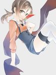  bad_id bad_pixiv_id brown_eyes brown_hair feathers highres kotone_(pokemon) lips no_hat no_headwear nokisita3412 overalls pokemon scarf short_twintails solo thighhighs twintails 