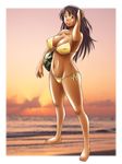  amamiya_atsushi barefoot beach bikini blush breasts brown_eyes brown_hair cleavage covered_nipples dark_skin food fruit hand_in_hair konbini_dmz konbini_dmz_plus! large_breasts long_hair sao_satoru side-tie_bikini smile solo strap_gap swimsuit watermelon yellow_bikini 