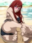 1boy 1girl ass barefoot beach bikini bikini_top black_eyes blush breasts cahlacahla censored clenched_teeth erza_scarlet fairy_tail feet footjob highres long_hair looking_down lying medium_breasts on_side penis red_hair sand solo_focus swimsuit teeth thong toes water 