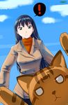  1girl azumanga_daiou black_hair blue_eyes blue_sky casual cat day jacket long_hair mayaa rockdomm sakaki sky spoken_exclamation_mark turtleneck 