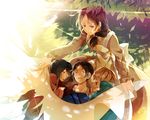  2girls apron armin_arlert black_hair blanket carla_yeager dappled_sunlight eren_yeager long_hair mikasa_ackerman mother_and_son multiple_boys multiple_girls omutatsu shingeki_no_kyojin short_hair sleeping sunlight 