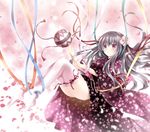  black_hair blush flower hair_flower hair_ornament japanese_clothes kimono long_hair nogi_takayoshi original ribbon solo thighhighs 