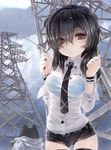  aratagawa_nikei belt black_hair bra breasts brown_eyes cat dowsing_rod kirishima_sagiri large_breasts long_hair necktie power_lines see-through short_shorts shorts thighhighs transmission_tower ukagaka underwear wet wet_clothes wristband 