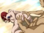  1girl all_fours anus ass ass_grab cahlacahla censored doggystyle erza_scarlet fairy_tail from_behind highres legs long_hair nude penis pussy red_hair sand sex tattoo thighs vaginal 
