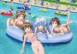  6+girls ass bikini blue_eyes blue_hair breasts brown_eyes brown_hair cleavage hanging_breasts hat highres ikamusume inflatable_raft lazy_river long_hair looking_at_viewer mochizuki_tomomi multiple_boys multiple_girls navel nishimura_yuka one-piece_swimsuit open_mouth partially_submerged ponytail pool poolside sakura_kiyomi shinryaku!_ikamusume short_hair swimsuit tentacle_hair thigh_gap twintails water willysmc 