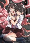  black_hair brown_eyes fumi11gou multiple_girls scared school_uniform short_hair tentacles thighhighs 