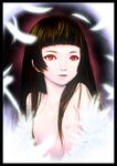  bangs black_hair blunt_bangs cozy feathers flat_chest lips long_hair nipples nude parted_lips red_eyes solo upper_body 