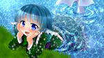  blue_eyes blue_hair chin_rest elbow_rest fingernails floral_print grass head_fins head_rest highres japanese_clothes kimono looking_at_viewer mermaid monster_girl namino. obi open_mouth partially_submerged ripples sash short_hair solo touhou wakasagihime water 