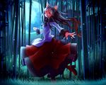  :o animal_ears bamboo bamboo_forest boots brooch brown_hair dress fingernails fireflies forest frilled_sleeves frills full_moon grass head_tilt imaizumi_kagerou jewelry layered_dress long_fingernails long_hair long_sleeves looking_at_viewer moon myaaco nature open_hand outstretched_arm pantyhose red_eyes sharp_fingernails solo touhou wolf_ears 