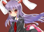  all_fours animal_ears arched_back bad_id bad_pixiv_id blazer blush bunny_ears bunny_tail collared_shirt dress_shirt jacket koyashaka long_hair looking_at_viewer necktie pink_skirt pleated_skirt purple_hair red_eyes red_neckwear reisen_udongein_inaba shirt skirt solo tail touhou wavy_mouth white_shirt 