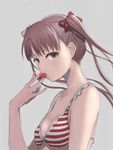  bikini bow breasts brown_eyes brown_hair cleavage copyright_request fingernails food fruit hair_bow hareno_chiame long_hair looking_at_viewer medium_breasts parted_lips simple_background sketch solo strawberry striped striped_bikini swimsuit twintails upper_body 