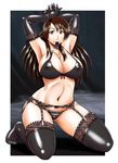  alternate_color amamiya_atsushi armpits arms_up bikini bikini_top black_bikini black_gloves black_legwear black_panties breasts brown_eyes brown_hair cleavage covered_nipples curvy elbow_gloves garter_belt gloves halterneck highres kneeling konbini_dmz konbini_dmz_plus! lace lace-trimmed_thighhighs large_breasts lingerie lips long_hair mouth_hold panties sao_satoru smile solo swimsuit thighhighs underwear underwear_only 