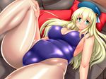  atago_(kantai_collection) blonde_hair breasts cleavage competition_swimsuit covered_navel green_eyes hat kantai_collection large_breasts long_hair looking_at_viewer nokoppa one-piece_swimsuit pantyhose plump solo swimsuit thighs 