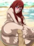  1girl areolae ass barefoot beach black_eyes blush breasts cahlacahla censored clenched_teeth erza_scarlet fairy_tail feet footjob highres long_hair looking_down lying medium_breasts nipples nude on_side penis pussy red_hair sand teeth toes water 