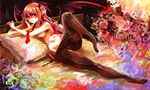  ast bed bed_frame demon_girl demon_wings flower hands_on_own_cheeks hands_on_own_face head_wings hips koakuma leg_up legs lying navel necktie pantyhose pantyhose_pull pillow pointy_ears red_eyes red_hair red_neckwear rose smile solo topless touhou wings 