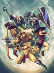  3girls abs amazon_(dragon's_crown) armor boots breasts cleavage dragon's_crown dwarf_(dragon's_crown) elf_(dragon's_crown) fighter_(dragon's_crown) gloves hammer highres large_breasts midair moon multiple_boys multiple_girls muscle muscular_female shield socha_(pixiv99744) sorceress_(dragon's_crown) staff sword thick_thighs thighs weapon wizard_(dragon's_crown) 