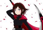  bad_id bad_pixiv_id cape flower grey_eyes highres petals ponta_(ias1773oi) ruby_rose rwby scythe short_hair smile solo 