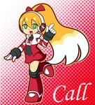  big_hair blonde_hair boots call_(mighty_no._9) call_f character_name gradient gradient_background green_eyes hair_ribbon highres kamira-exe knee_boots long_hair mighty_no._9 ponytail ribbon robot robot_ears skirt smile solo striped_sleeves 