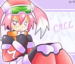  blush call_(mighty_no._9) character_name frown gloves goggles goggles_on_head hat long_hair mighty_no._9 pink_eyes pink_hair shoutaro_saito signature sitting solo twintails 