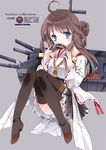  ahoge bad_id bad_pixiv_id bare_shoulders black_legwear blue_eyes boots brown_hair cierra_(ra-bit) convenient_leg detached_sleeves double_bun hairband_removed japanese_clothes kantai_collection knees_together_feet_apart kongou_(kantai_collection) long_hair looking_at_viewer nontraditional_miko open_mouth ribbon-trimmed_sleeves ribbon_trim solo thigh_boots thighhighs 