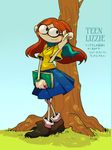  bilingual blush book bracelet character_name codename:_kids_next_door earrings glasses grass jewelry lizzie_devine long_hair pinky_out red_hair scarf skirt smile solo standing t_k_g teenage translation_request tree 