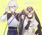  1boy 1girl accessories_switch akuta_hinako artist_request black_hair blue_eyes buttons capelet chinese_clothes command_spell eyebrows_visible_through_hair eyewear_switch fate/grand_order fate_(series) gao_changgong_(fate) glasses hair_between_eyes horned_mask long_hair looking_at_viewer mask masked ribbed_sweater smile sweater translation_request turtleneck turtleneck_sweater twintails very_long_hair white_capelet white_hair yellow_background yellow_eyes 