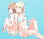  ayase_eli back-to-back bad_id bad_pixiv_id bikini blonde_hair blue_eyes brown_hair koizumi_hanayo long_hair love_live! love_live!_school_idol_project multiple_girls navel one_eye_closed polka_dot polka_dot_scrunchie ponytail purple_eyes scrunchie sitting smile swimsuit syou_(endemic_species) white_scrunchie 