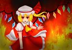  :d applepie ascot blonde_hair blouse bow dress fang fiery_background fire flandre_scarlet frilled_dress frilled_skirt frills hat hat_bow hat_ribbon highres mob_cap multicolored multicolored_background open_mouth red_dress red_eyes red_skirt ribbon side_ponytail skirt skirt_set smile solo touhou wings wristband 