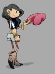  abigail_lincoln boots bracelet codename:_kids_next_door earrings grey_background hat hat_removed headwear_removed high_heels jewelry long_hair looking_at_viewer looking_back midriff shorts smile solo standing t_k_g teenage wavy_hair 