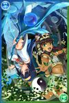  absurdres animal_ears bare_shoulders bastet_(p&amp;d) black_hair brown_hair cat_ears dark_skin egyptian green_eyes hairband headdress highres isis_(p&amp;d) jewelry leaf long_hair midriff multiple_girls navel noodo_alpha open_mouth playing_card_theme puzzle_&amp;_dragons red_eyes snake staff water yin_yang 