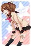  :d argyle argyle_legwear bent_over black_legwear brothers_conflict brown_eyes brown_hair cardigan copyright_name hair_ornament hands_on_own_knees heart heart_hair_ornament hinata_ema kneehighs looking_at_viewer open_mouth rio_(rio_01) school_uniform serafuku side_ponytail skirt smile solo star 