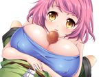  1girl bare_shoulders belt blush breast_hold breasts censored covered_nipples erect_nipples highres huge_breasts looking_at_viewer lying open_mouth paizuri penis pink_hair saboten short_hair simple_background yellow_eyes 