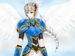  angel_wings applepie armor armored_dress blue_eyes braid breasts cowboy_shot eyeshadow feathers hat_feather helmet highres lenneth_valkyrie long_hair makeup silver_hair solo valkyrie valkyrie_profile wings 