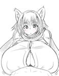  1boy 1girl animal_ears breast_rest breast_suppress breasts cat_ears copyright_request covered_nipples erect_nipples gigantic_breasts highres monochrome paizuri paizuri_under_clothes simple_background sketch tensai427 white_background 