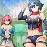  2girls aqua_eyes blue_hair breasts cat cleavage highres multiple_girls navel oni-noboru original pink_hair 