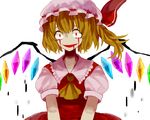 ascot blonde_hair blood blood_from_mouth blood_in_mouth blood_on_face bloody_tears blouse bow collared_shirt constricted_pupils crazy_eyes crazy_smile dress flandre_scarlet frilled_hat frilled_shirt frills hair_bow hair_ribbon hat looking_at_viewer mob_cap puffy_sleeves red_dress red_eyes red_shirt red_skirt ribbon shirt short_sleeves side_ponytail simple_background skirt skirt_set smile solo touhou white_background white_hat wings yxyx_ika 