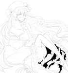  absurdres barefoot book dress eyepatch greyscale hair_ribbon hat highres lineart long_hair monochrome patchouli_knowledge ribbon solo touhou tp65pxu4 very_long_hair 