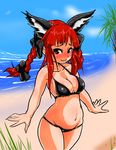  animal_ears beach bikini black_bikini black_bow blush bow braid breasts cat_ears cleavage day hair_bow hips kaenbyou_rin long_hair looking_at_viewer medium_breasts mersoleil03 navel no_tail ocean outdoors red_eyes red_hair solo swimsuit thighs touhou twin_braids twintails water waves 
