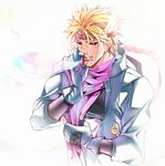  blonde_hair blue_jacket bubble caesar_anthonio_zeppeli facial_mark feathers fingerless_gloves gloves green_eyes hair_feathers headband jacket jojo_no_kimyou_na_bouken lucyfallforpz male_focus pink_scarf scarf solo 