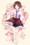  bad_id bad_pixiv_id barefoot brown_hair cherry_blossoms hair_ribbon highres musical_note red_eyes ribbon short_hair solo staff_(music) touhou tsukumo_yatsuhashi uranaishi_(miraura) 