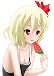 bare_shoulders blonde_hair collarbone fang flat_chest food hair_ribbon hifumi_kei holding nipple_slip nipples popsicle red_eyes ribbon rumia short_hair simple_background solo tank_top touhou upper_body watermelon_bar white_background 