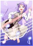  :d barefoot biwa_lute dress hair_ornament highres instrument long_hair lute_(instrument) music musical_note niwatazumi open_mouth playing_instrument purple_eyes purple_hair sketch smile solo staff_(music) touhou tsukumo_benben 