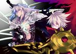  armor balmung_(fate/apocrypha) blue_eyes cape fate/apocrypha fate_(series) green_eyes karna_(fate) long_hair multiple_boys siegfried_(fate) sword u_928 weapon white_hair 