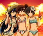  :o aosa_(michikusakan) bikini black_hair blush bow brown_eyes brown_hair flower food frilled_bikini frills front-tie_top fruit hair_flower hair_ornament hand_on_shoulder hat hat_bow horizon ienaga_kana keikain_yura long_hair multiple_girls navel nurarihyon_no_mago ocean short_hair side_ponytail smile straw_hat sunset swimsuit watermelon yellow_eyes yuki_onna_(nurarihyon_no_mago) 