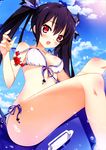  :o bikini black_hair blush breasts crab day front-tie_bikini front-tie_top highres inflatable_toy inflatable_whale kaho_okashii legs long_hair medium_breasts neptune_(series) noire red_eyes scan side-tie_bikini solo swimsuit twintails wardrobe_malfunction white_bikini 