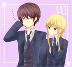  blonde_hair brown_hair collared_shirt formal grey_eyes hand_behind_head momonkii multiple_boys necktie ponytail shirt suit translation_request umineko_no_naku_koro_ni ushiromiya_lion willard_h_wright yellow_eyes 