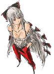  bare_shoulders belt breasts contemporary fujiwara_no_mokou hair_ribbon hands_in_pockets highres long_hair medium_breasts nameo_(judgemasterkou) off-shoulder_sweater pants perspective red_eyes ribbon sketch solo sweater touhou very_long_hair 