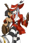  1girl black_hair breasts closed_eyes crossed_legs doll_joints fedora hat hat_feather long_hair mask muse_(skullgirls) no_arms no_nipples personification pink_skin pointy_ears silver_hair sitting skullgirls small_breasts taliesin_(skullgirls) yuriyuri_(ccc) 
